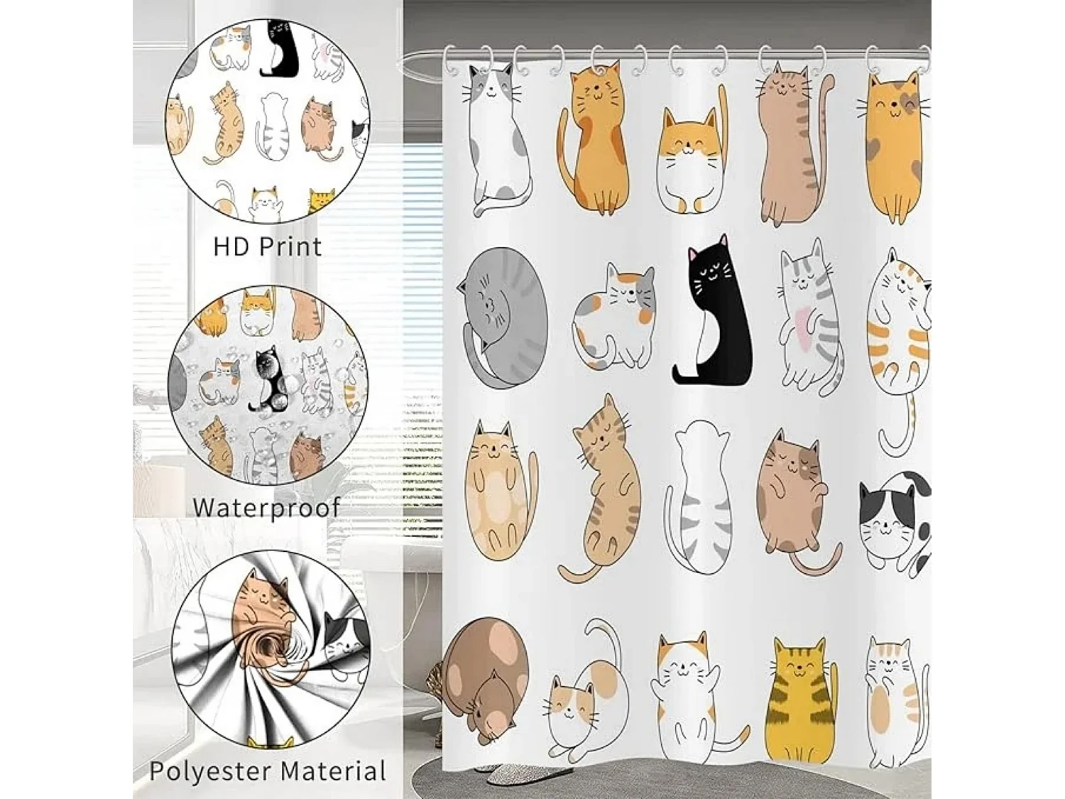 Rideau de Douche Chat 180x180cm, Drôle d'animal de Dessin animé Chaton coloré Beaux Animaux de Compagnie Enfants garçons Filles