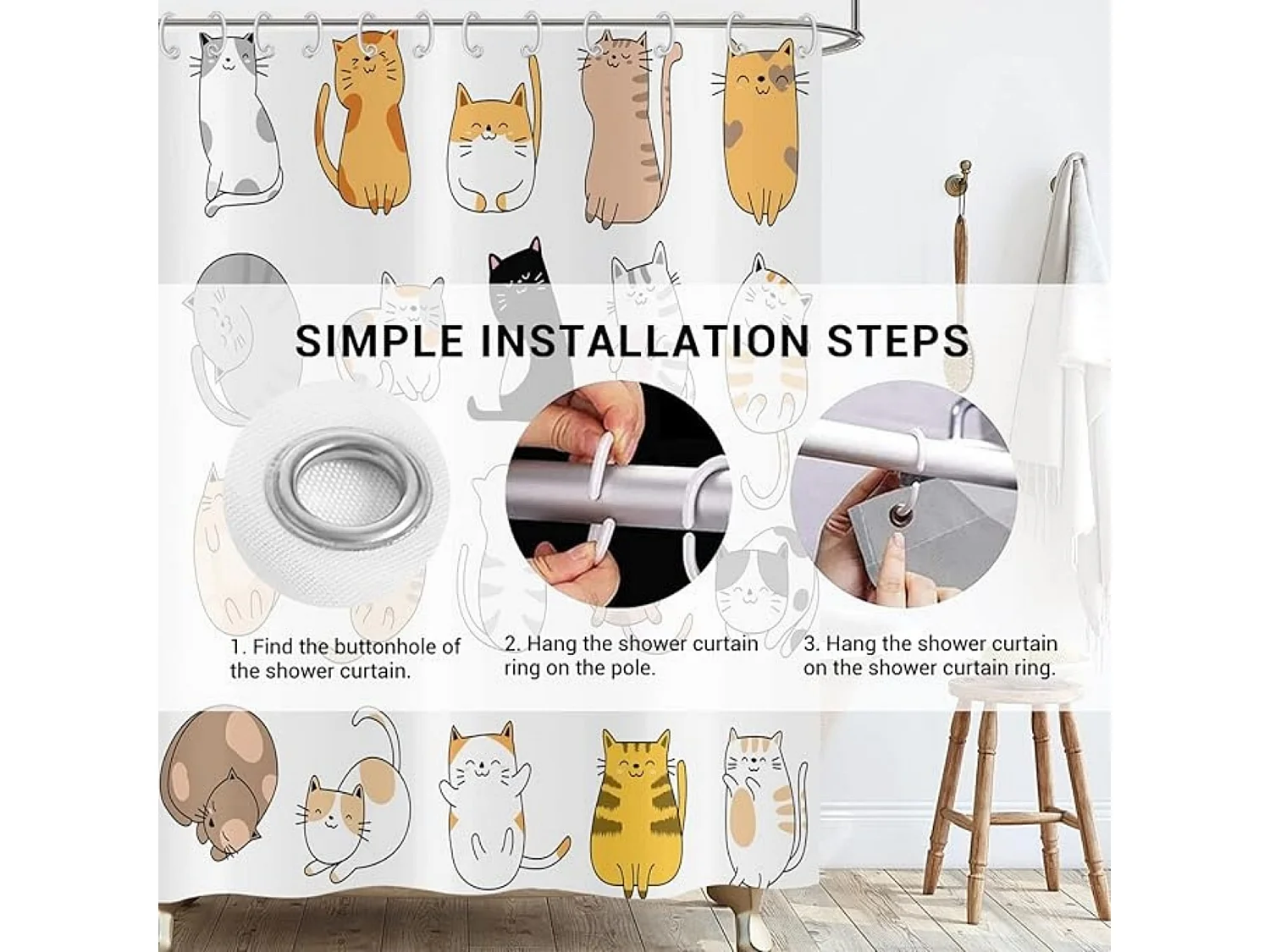 Rideau de Douche Chat 180x180cm, Drôle d'animal de Dessin animé Chaton coloré Beaux Animaux de Compagnie Enfants garçons Filles