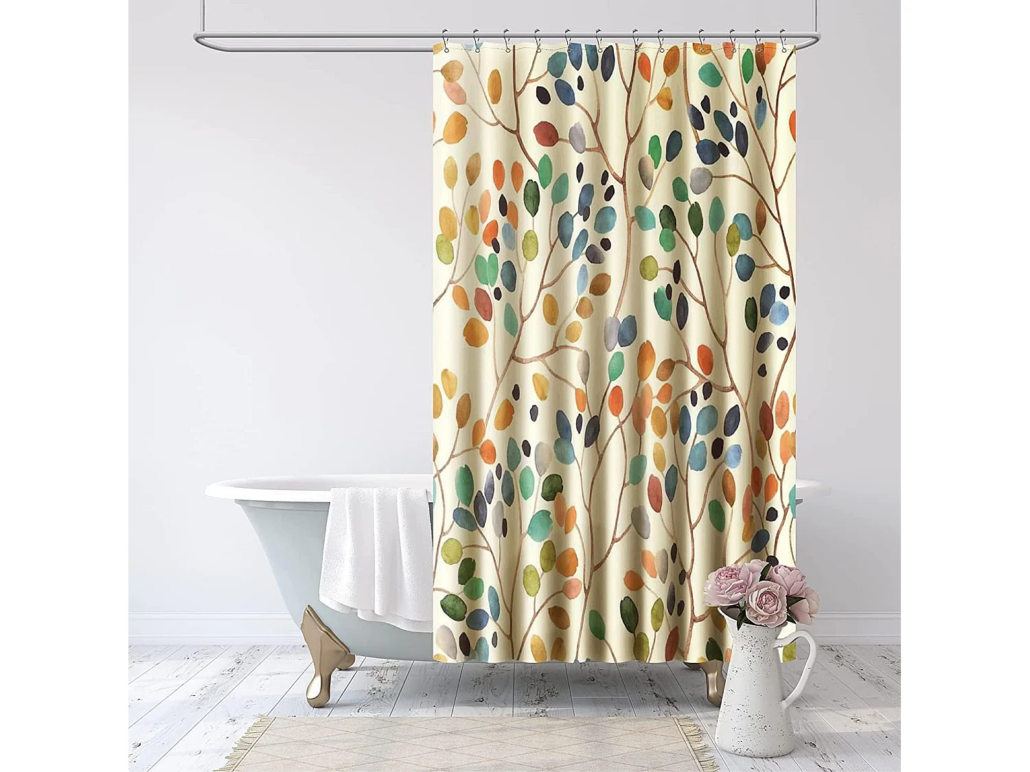 Rideau de douche 180x200 Rideau de douche anti-moisissure Rideau de douche beige Lavable en machine Motif botanique coloré Avec trous Tissu
