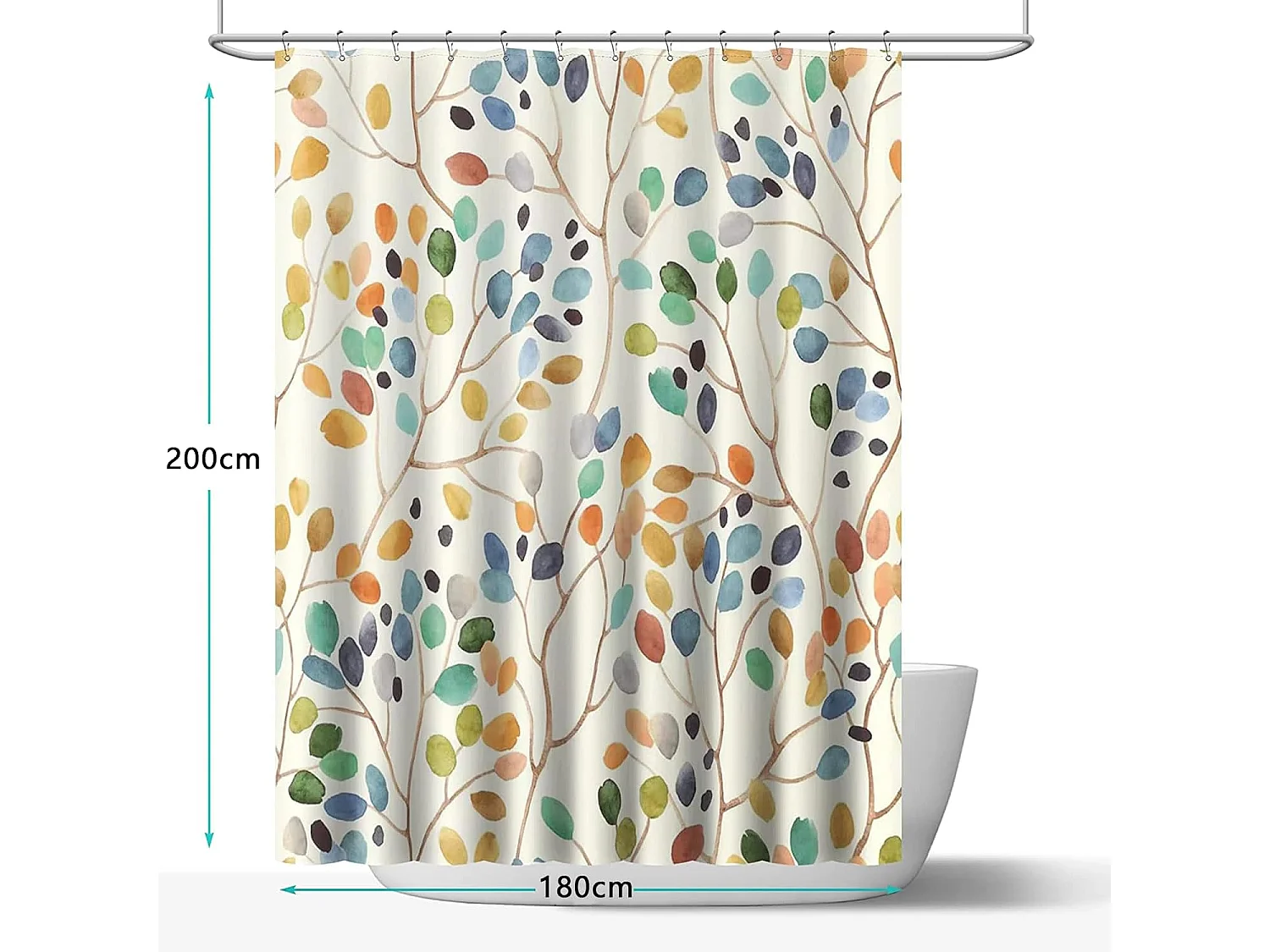 Rideau de douche 180x200 Rideau de douche anti-moisissure Rideau de douche beige Lavable en machine Motif botanique coloré Avec trous Tissu