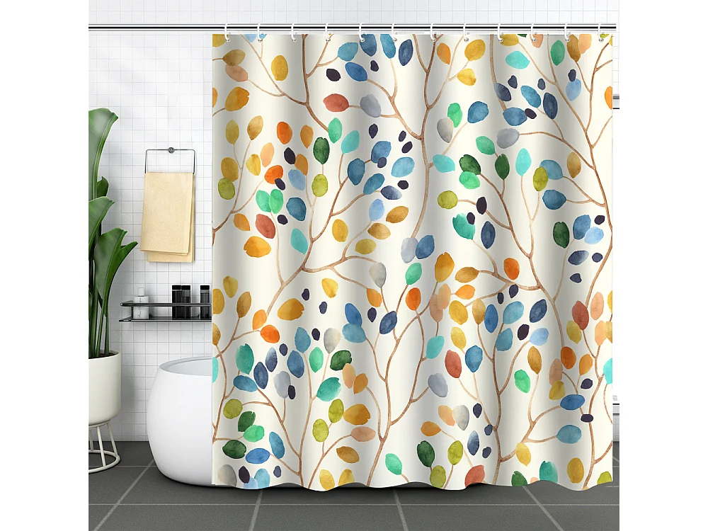 Rideau de douche 180x200 Rideau de douche anti-moisissure Rideau de douche beige Lavable en machine Motif botanique coloré Avec trous Tissu