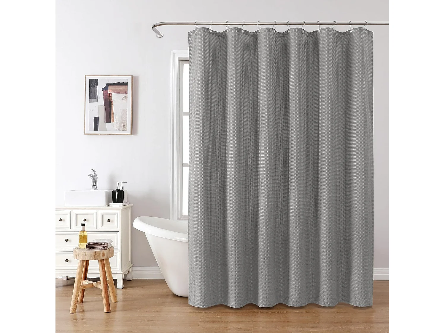 Rideau de douche gaufré avec anneaux métalliques, imperméable et anti-moisissure, tissu polyester, adapté aux baignoires – 182 x 182 cm (Gris)
