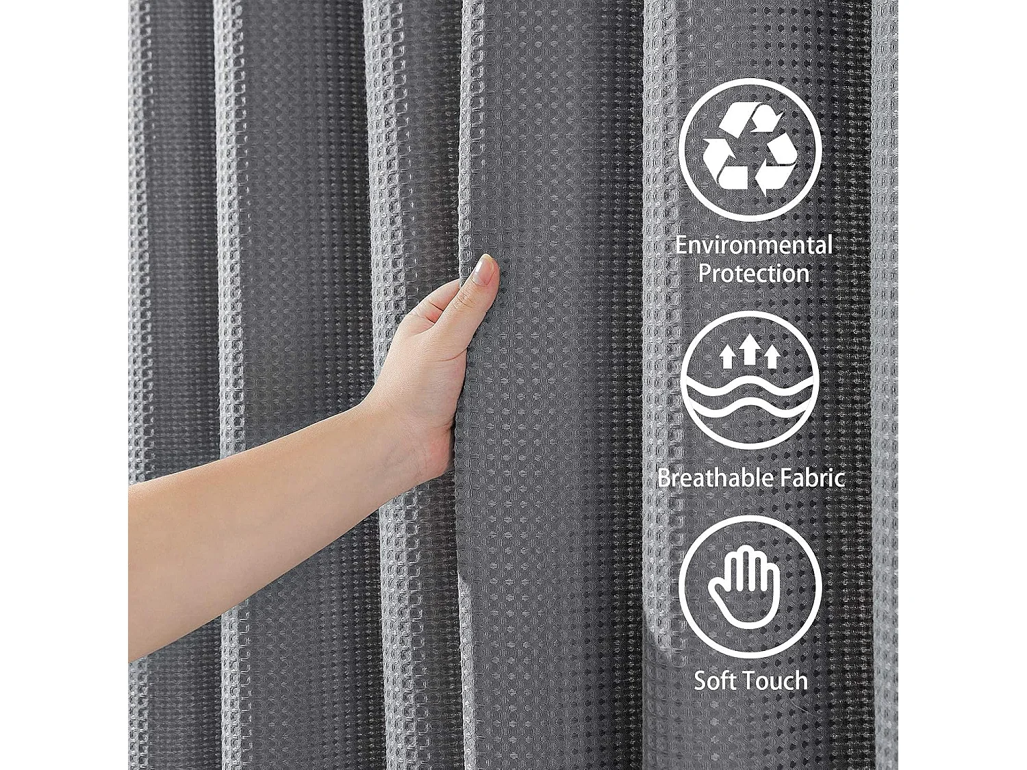 Rideau de douche gaufré avec anneaux métalliques, imperméable et anti-moisissure, tissu polyester, adapté aux baignoires – 182 x 182 cm (Gris)