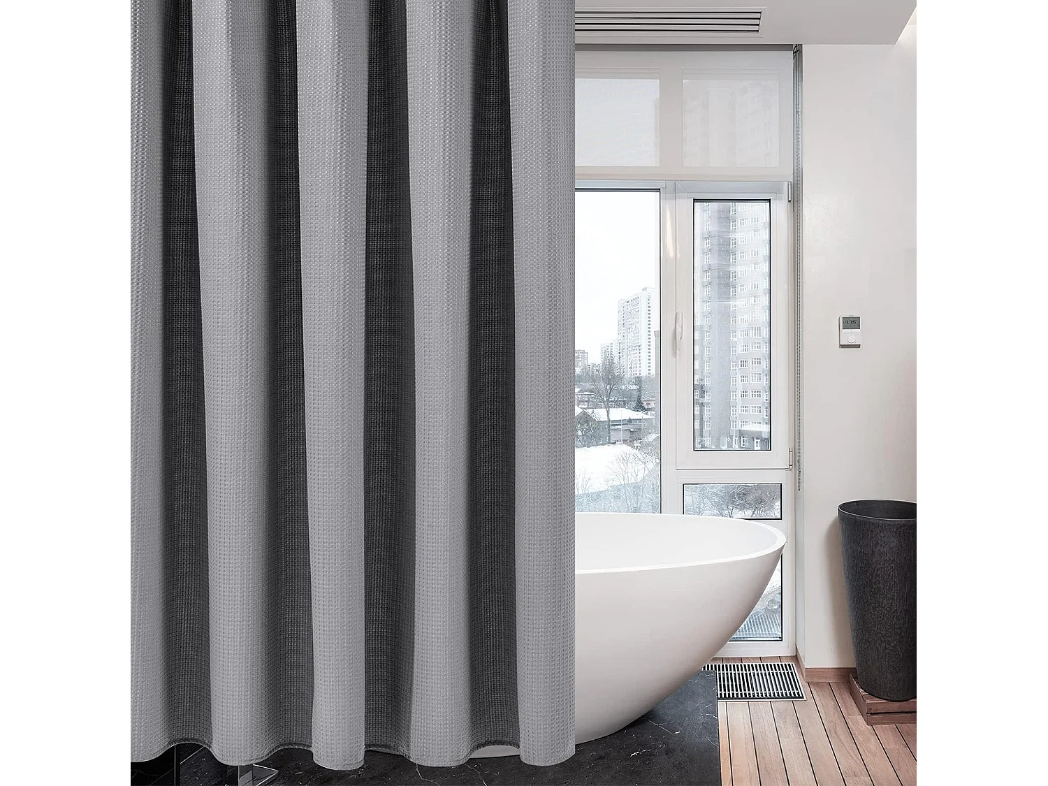 Rideau de douche gaufré avec anneaux métalliques, imperméable et anti-moisissure, tissu polyester, adapté aux baignoires – 182 x 182 cm (Gris)