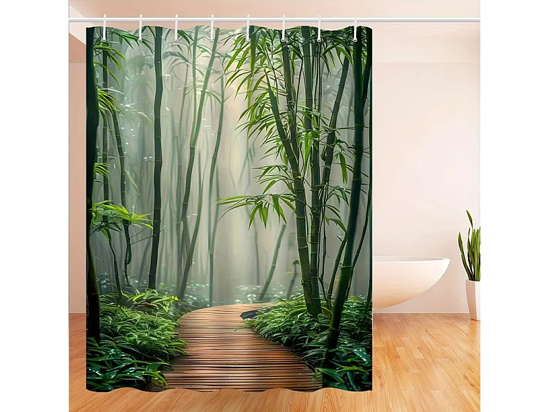 Rideau de douche décoratif pour salle de bain, rideau de douche à motif de forêt de bambous, 90 x 180 cm, 12 crochets