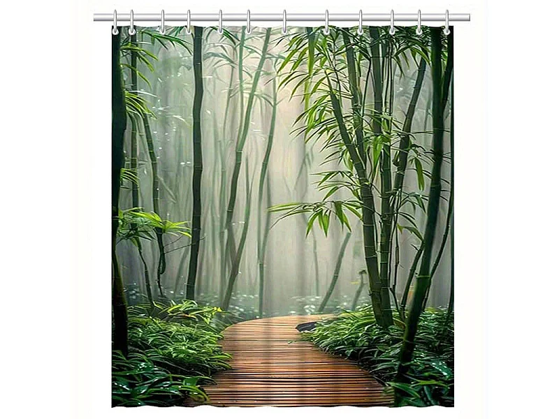 Rideau de douche décoratif pour salle de bain, rideau de douche à motif de forêt de bambous, 90 x 180 cm, 12 crochets