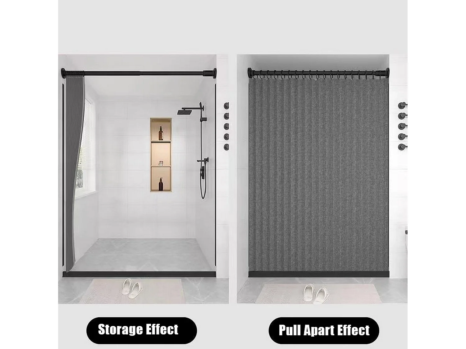 Rideau de douche magnétique pliable 120 x 200 cm, rideau de douche en lin avec crochets métalliques, rideau de douche imperméable, adapté l'hôtel,gris