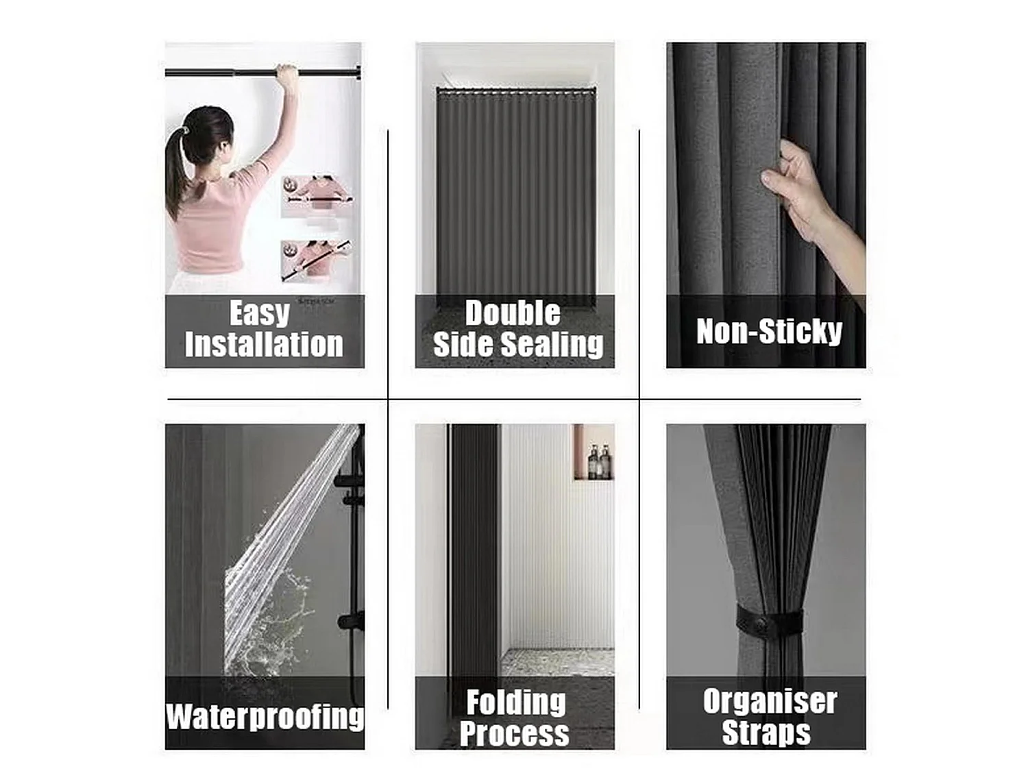 Rideau de douche magnétique pliable 120 x 200 cm, rideau de douche en lin avec crochets métalliques, rideau de douche imperméable, adapté l'hôtel,gris