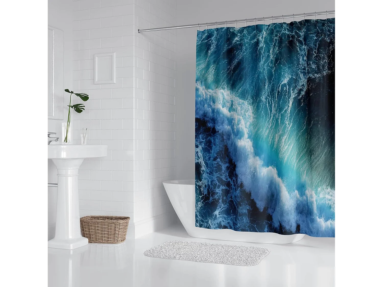 Rideau de douche bleu anti-moisissure, motif vagues océaniques 3D, avec 12 crochets, 180 x 180 cm, pour salle de bain, salle d'eau, baignoire