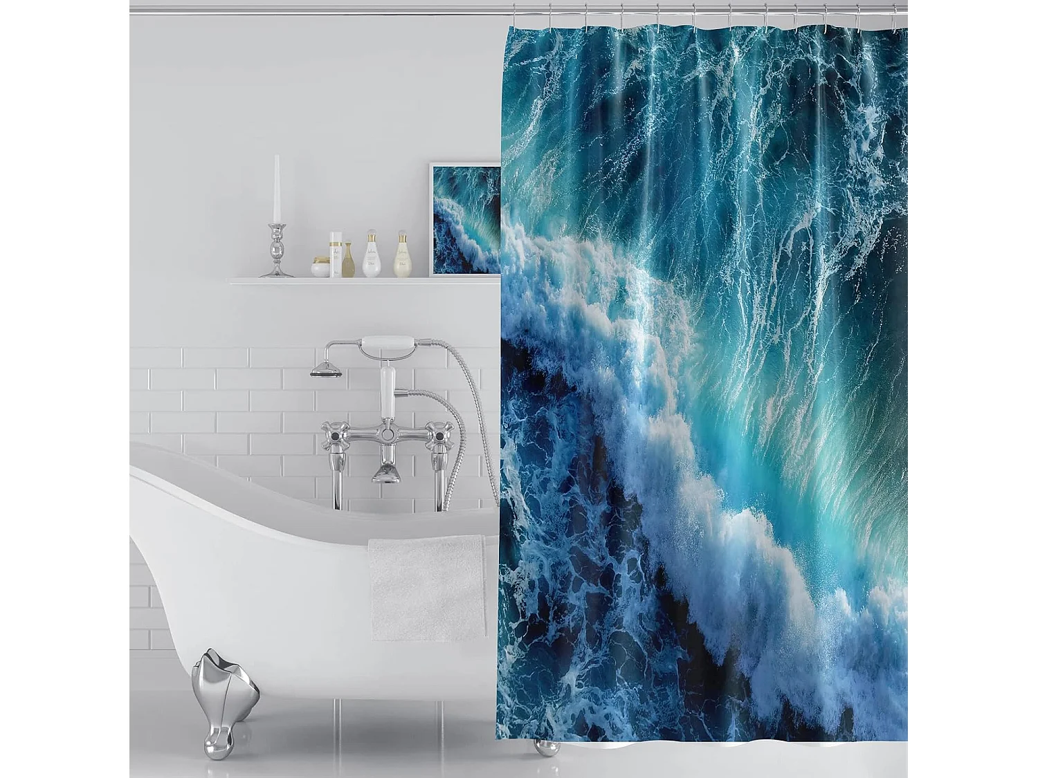 Rideau de douche bleu anti-moisissure, motif vagues océaniques 3D, avec 12 crochets, 180 x 180 cm, pour salle de bain, salle d'eau, baignoire