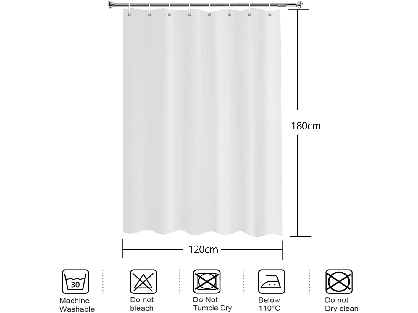 Rideau de douche 120x180 blanc, imperméable, anti-moisissure, avec boucle de suspension, largeur 120 x hauteur 180 cm