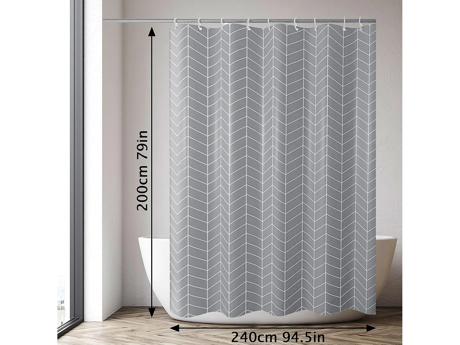 Rideau de douche 240 x 200 cm, tissu polyester imperméable, lavable en machine, avec 12 crochets, gris
