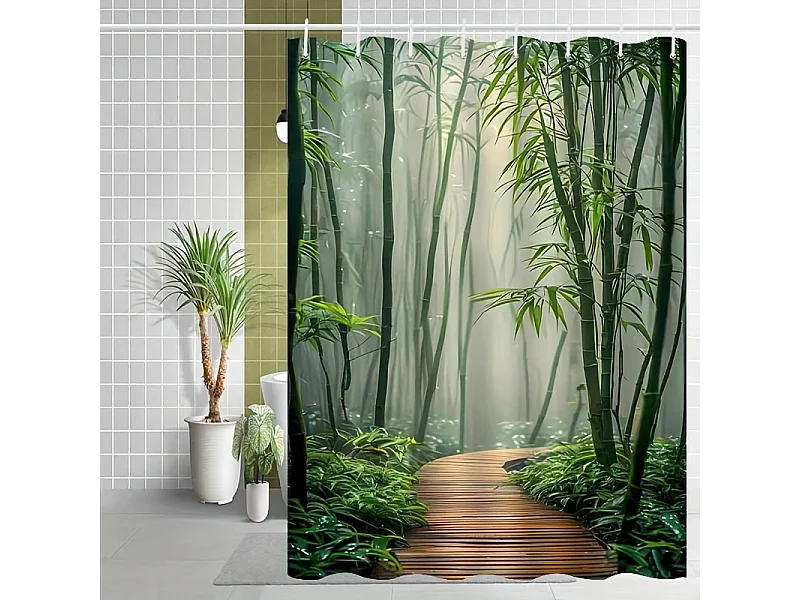 Rideau de douche décoratif motif forêt de bambou pour salle de bain, rideau de douche décoratif pour cloison de salle de bain, 120x180cm, 12 crochets