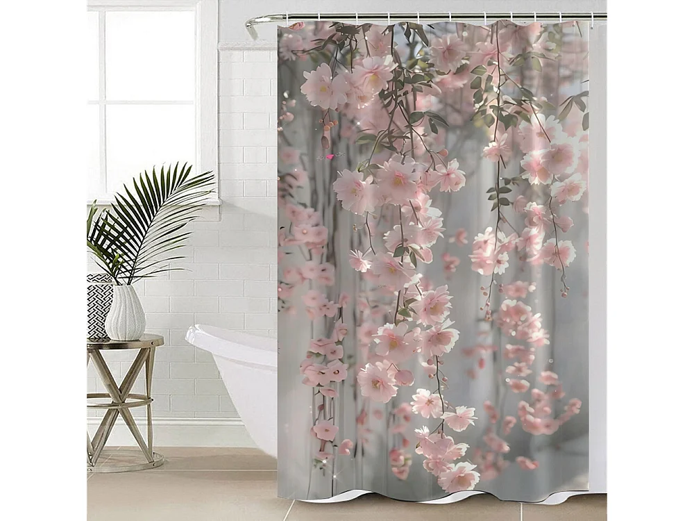 1 rideau de salle de bain Sakura rose - Polyester, sans perçage, lavable en machine, avec crochets, 180 x 180 cm