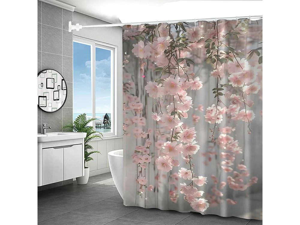 1 rideau de salle de bain Sakura rose - Polyester, sans perçage, lavable en machine, avec crochets, 180 x 180 cm