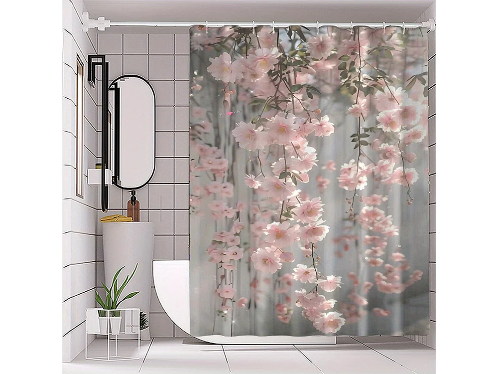 1 rideau de salle de bain Sakura rose - Polyester, sans perçage, lavable en machine, avec crochets, 180 x 180 cm