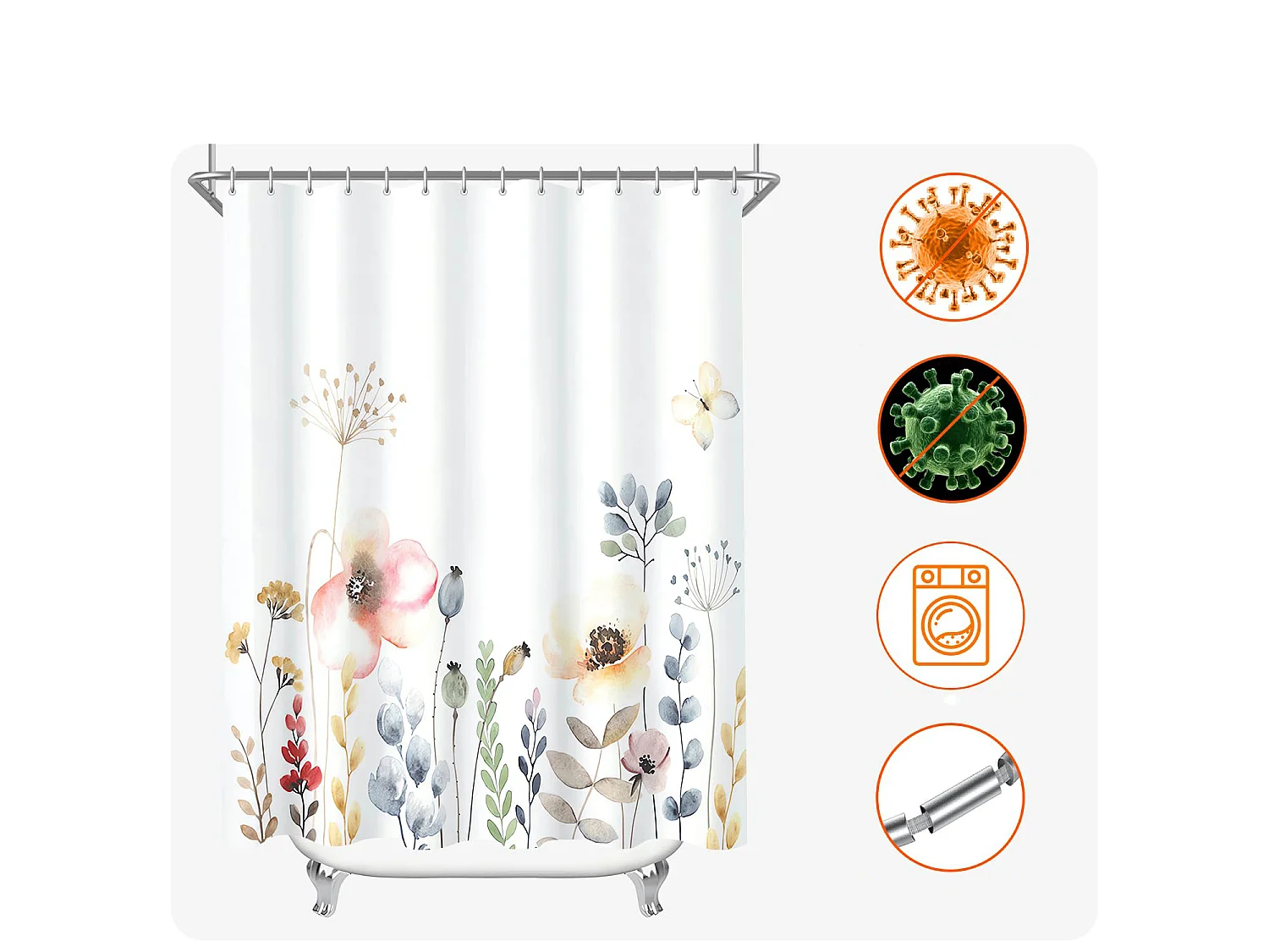 Rideau de douche fleuri, rideau de séparation de salle de bain en polyester imperméable et résistant à l'humidité, 180 cm x 180 cm