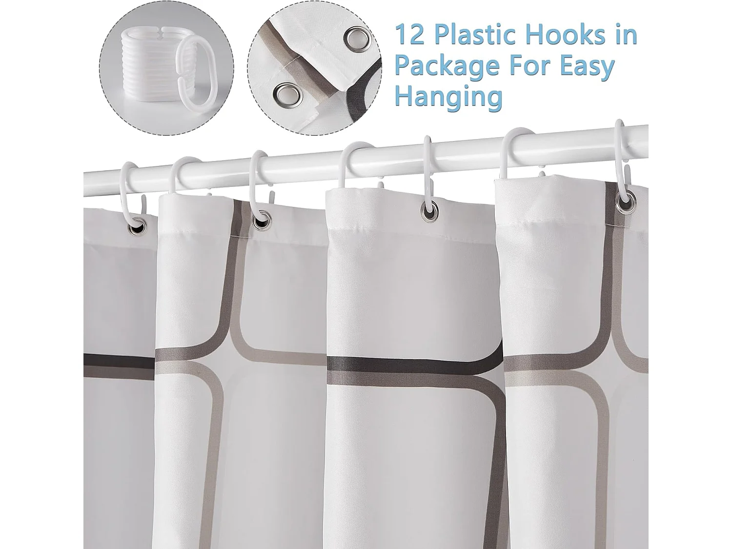 Rideau de Douche Polyester Imperméable Tissu Lavable en Machine Rideau Salle de Bain avec 12 Crochets 180x180CM Blanc Carreaux
