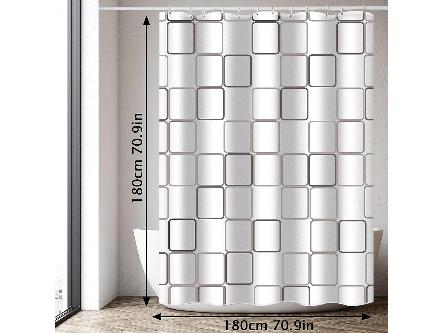 Rideau de Douche Polyester Imperméable Tissu Lavable en Machine Rideau Salle de Bain avec 12 Crochets 180x180CM Blanc Carreaux