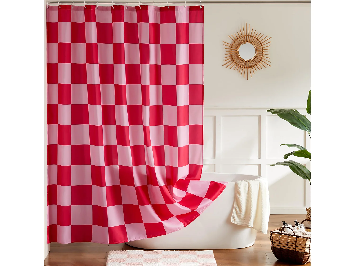 Rideau de douche à motif damier de salle de bain, rideau de douche lavable rétro, rideau de douche de salle de bain, 180*180cm, rose rouge