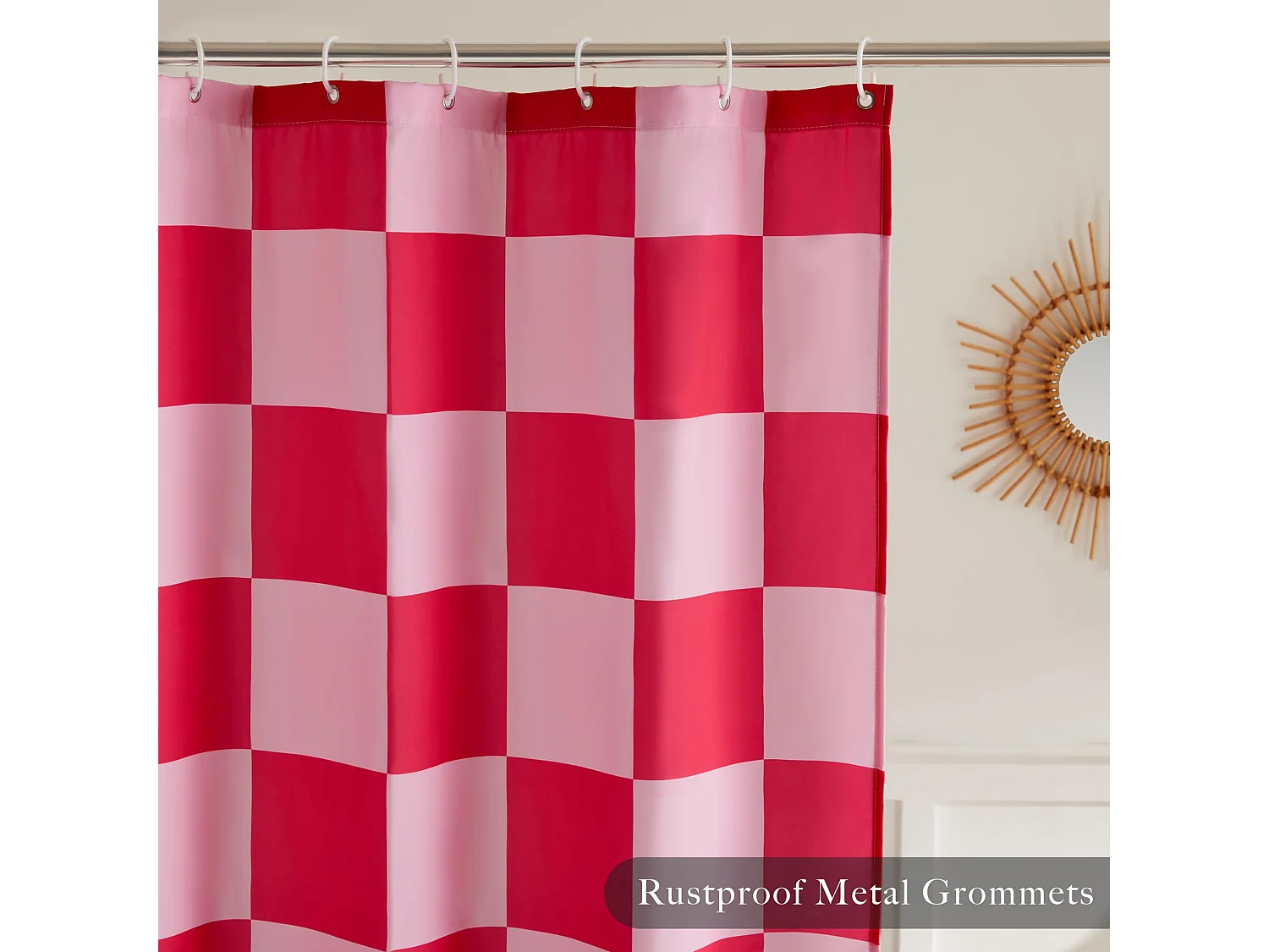 Rideau de douche à motif damier de salle de bain, rideau de douche lavable rétro, rideau de douche de salle de bain, 180*180cm, rose rouge