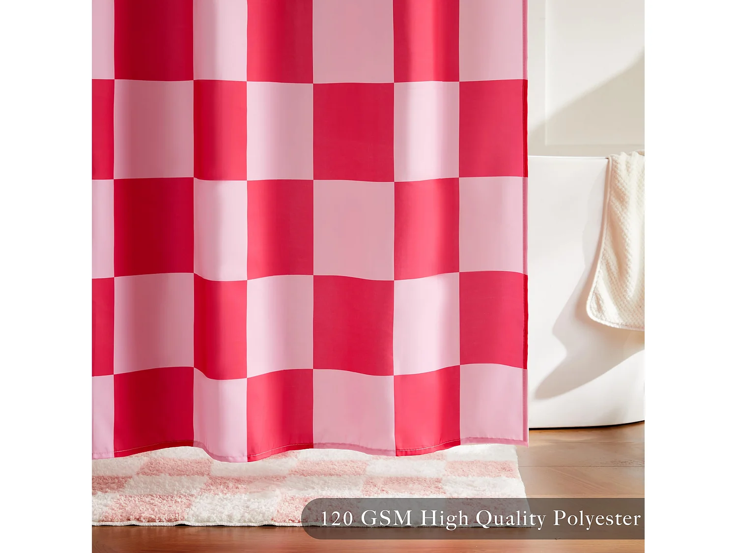 Rideau de douche à motif damier de salle de bain, rideau de douche lavable rétro, rideau de douche de salle de bain, 180*180cm, rose rouge