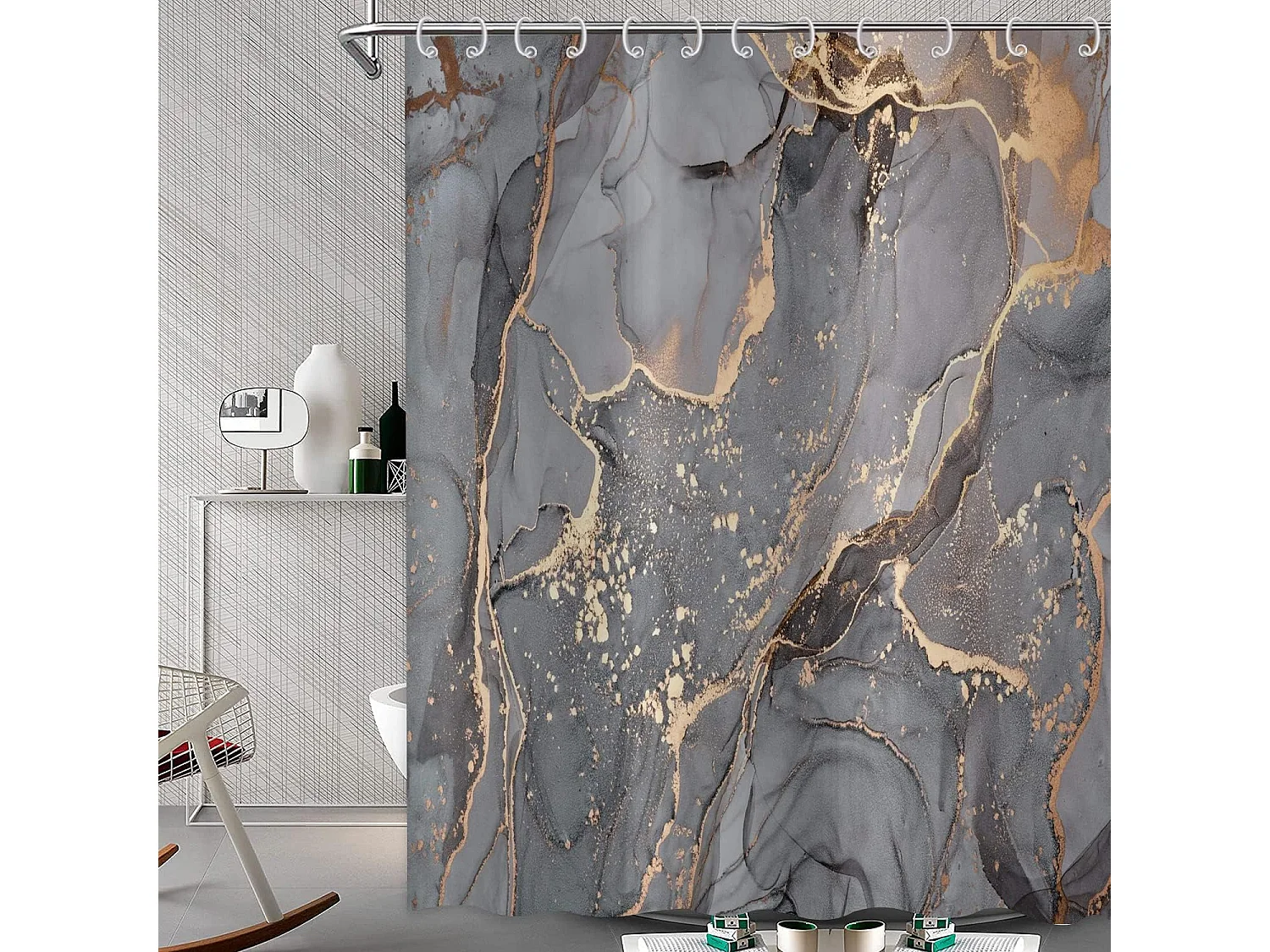Rideau de Douche Marbre Gris 180x200, Paillettes Rideau de Douche Or craquelé Abstrait Moderne Luxe Art Rideau de Baignoire imperméable avec Crochets