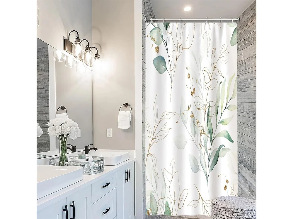 Rideau Douche Feuilles d'eucalyptus,   Baignoire Anti Moisissure Imperméable Tissu Polyester Lavable Rideau de Bain avec 6 Crochets 90Lx180Hcm