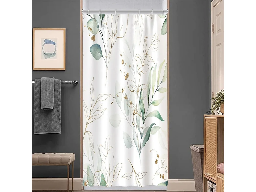 Rideau Douche Feuilles d'eucalyptus,   Baignoire Anti Moisissure Imperméable Tissu Polyester Lavable Rideau de Bain avec 6 Crochets 90Lx180Hcm