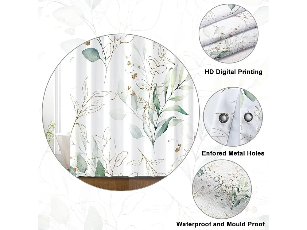 Rideau Douche Feuilles d'eucalyptus,   Baignoire Anti Moisissure Imperméable Tissu Polyester Lavable Rideau de Bain avec 6 Crochets 90Lx180Hcm