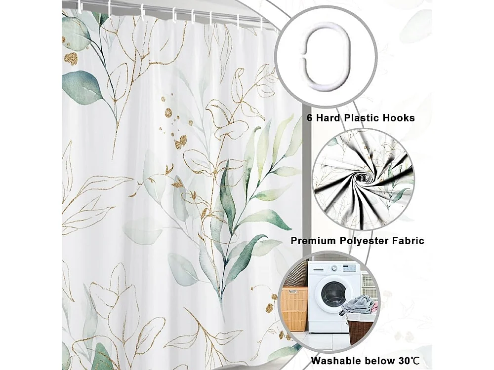 Rideau Douche Feuilles d'eucalyptus,   Baignoire Anti Moisissure Imperméable Tissu Polyester Lavable Rideau de Bain avec 6 Crochets 90Lx180Hcm