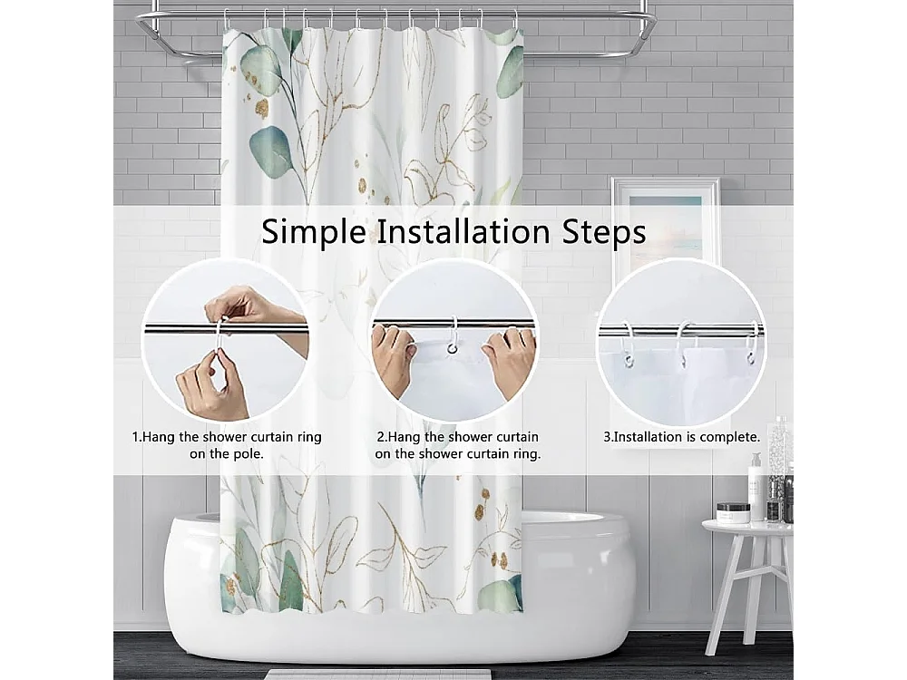 Rideau Douche Feuilles d'eucalyptus,   Baignoire Anti Moisissure Imperméable Tissu Polyester Lavable Rideau de Bain avec 6 Crochets 90Lx180Hcm