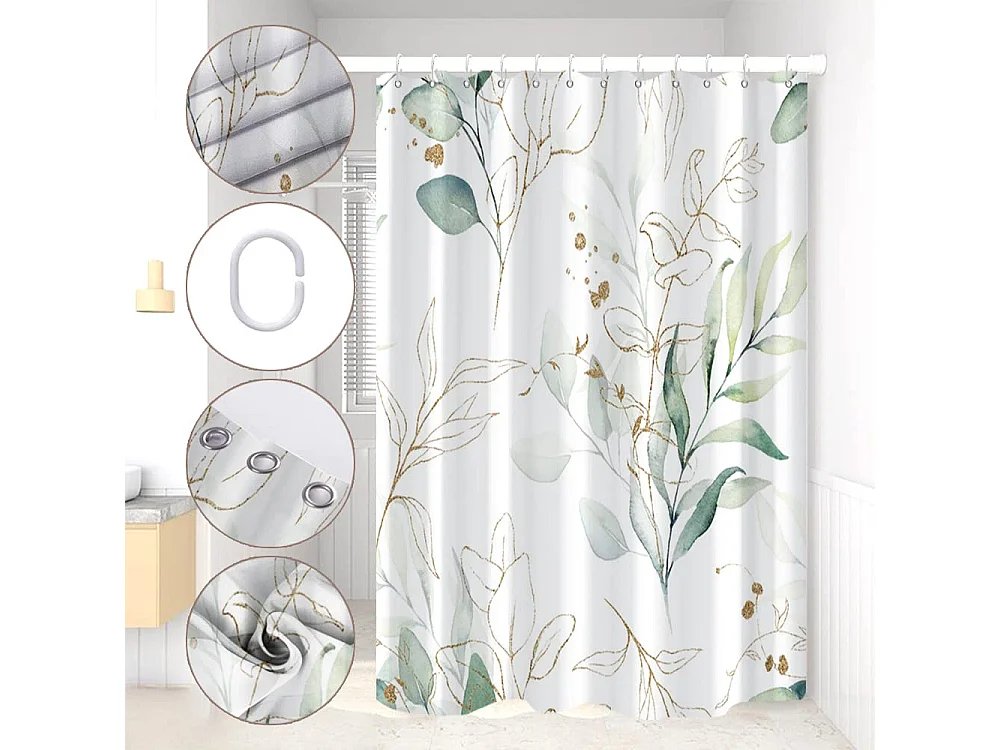 Rideau de douche anti-moisissure à motif de feuilles vertes, rideau de salle de bain en tissu polyester, 180 x 180 cm, 12 crochets