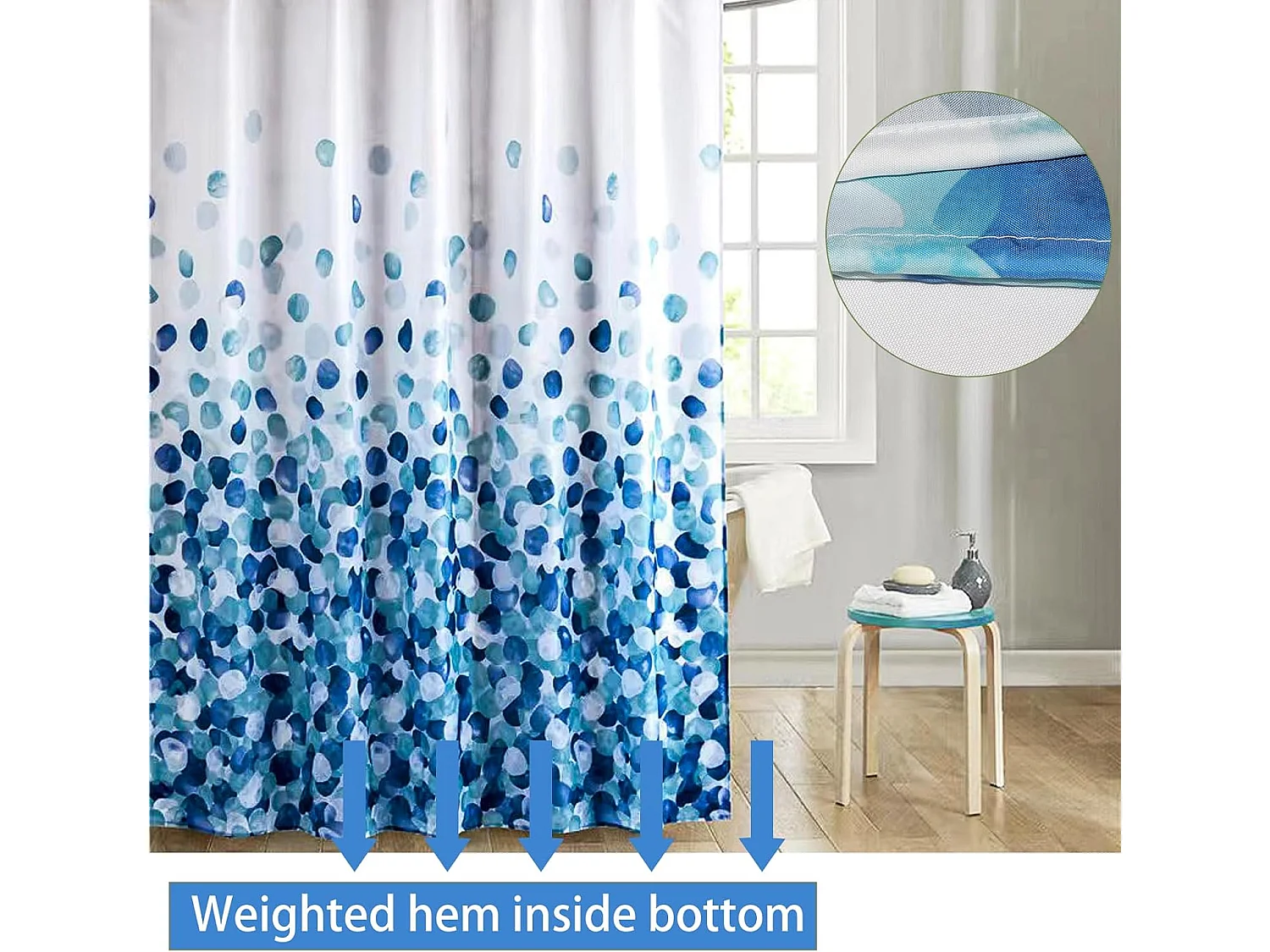 Rideau de Douche 180 x 200 cm, Rideau de Douche Anti moisissure antibactérien et inodore Rideau de Bain avec 12 Anneaux et Ourlet lesté,Bleus
