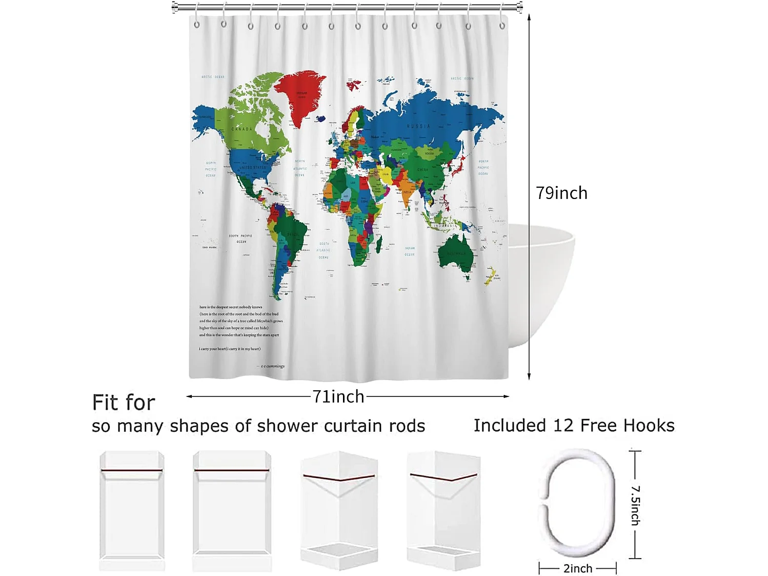 Rideau de Douche Carte du Monde 180x200, Géographie Pays Capitales Coloré Rideau de Douche Enfants Visuel Rideau de Bain Imperméable  avec Crochets