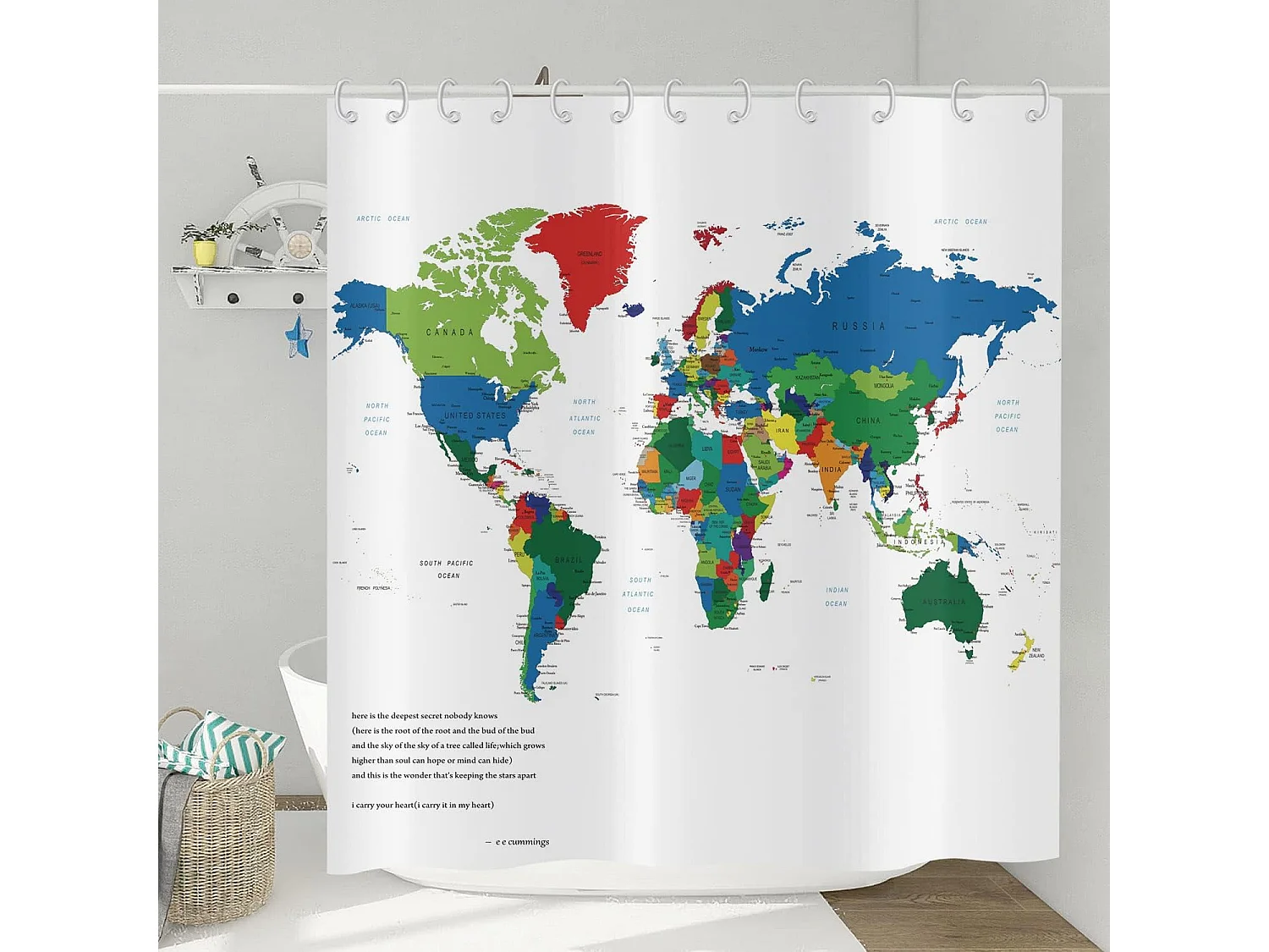 Rideau de Douche Carte du Monde 180x200, Géographie Pays Capitales Coloré Rideau de Douche Enfants Visuel Rideau de Bain Imperméable  avec Crochets