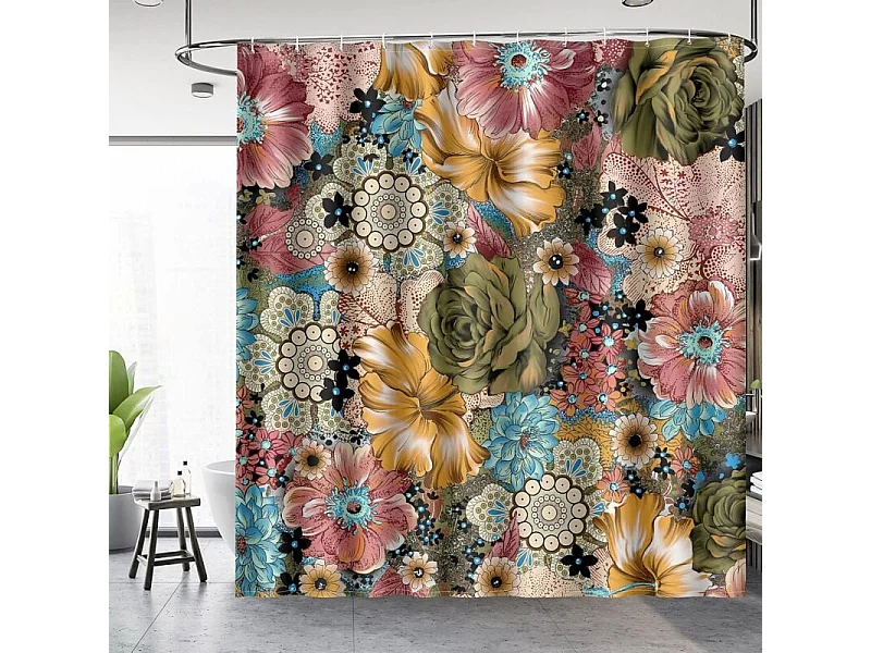 Rideau de douche floral bohème imprimé fleurs multicolores,  ethnique bohème avec 12 crochets  rideau de baignoire, 182,9 x 182