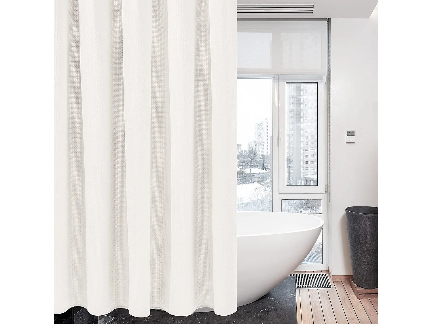 Rideau de douche en tissu gaufré avec anneaux métalliques, résistant à la moisissure et imperméable, épais, 180 x 200 cm - Blanc