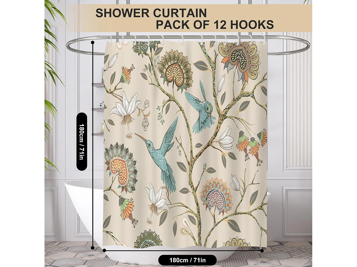 Rideau de douche en polyester imperméable et anti-moisissure à motif floral avec 12 crochets, 180 x 180 cm (fleurs et oiseaux blancs)