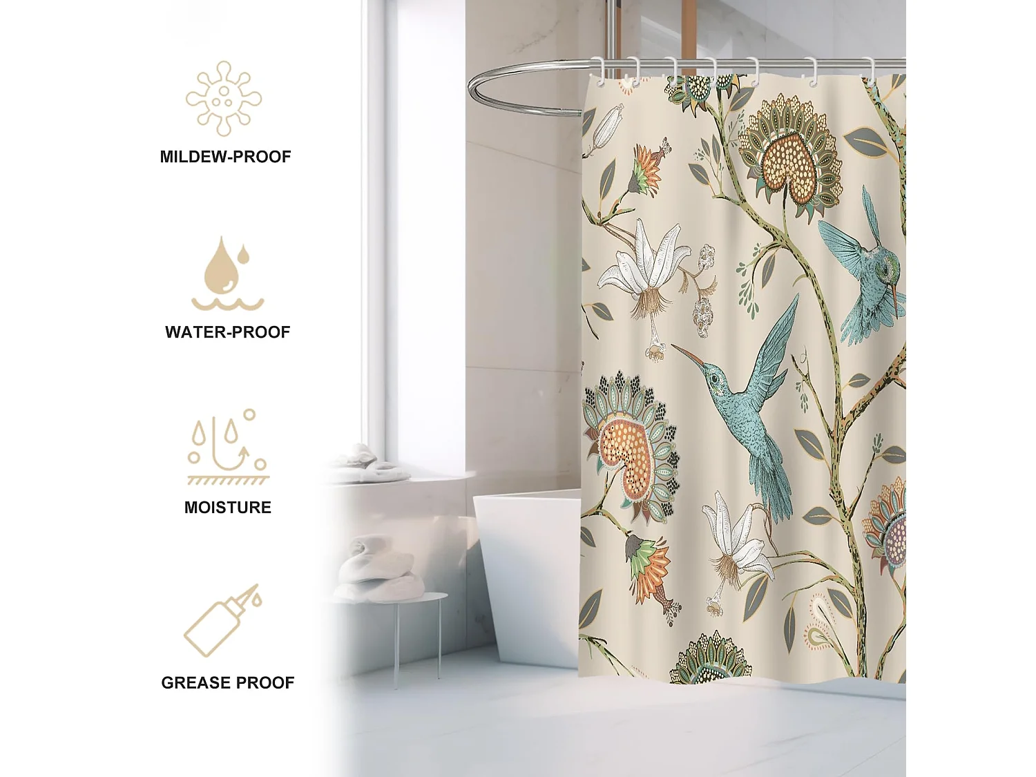 Rideau de douche en polyester imperméable et anti-moisissure à motif floral avec 12 crochets, 180 x 180 cm (fleurs et oiseaux blancs)