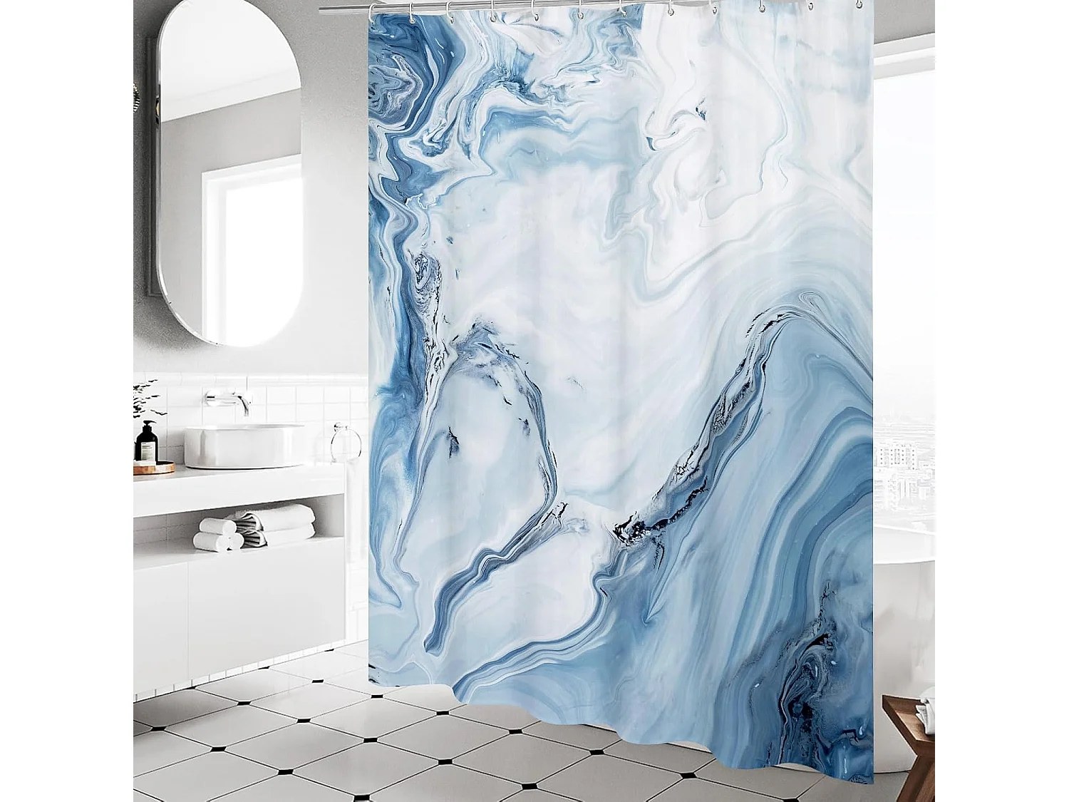 Rideau de douche long en marbre bleu, 180 x 200 cm, rideau de douche en tissu abstrait pour une décoration de salle de bain chic et luxueuse