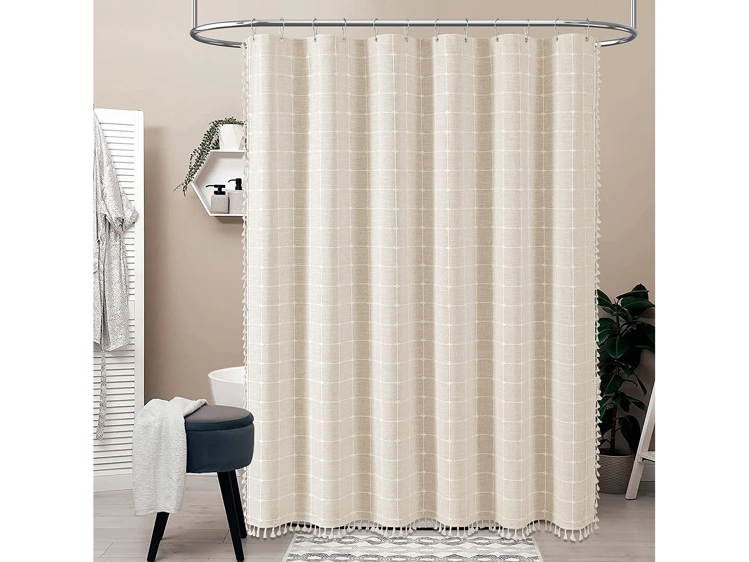 Rideau de douche en tissu de lin à pampilles de style bohème, rideau de douche de salle de bain à domicile, beige (150*180 cm)