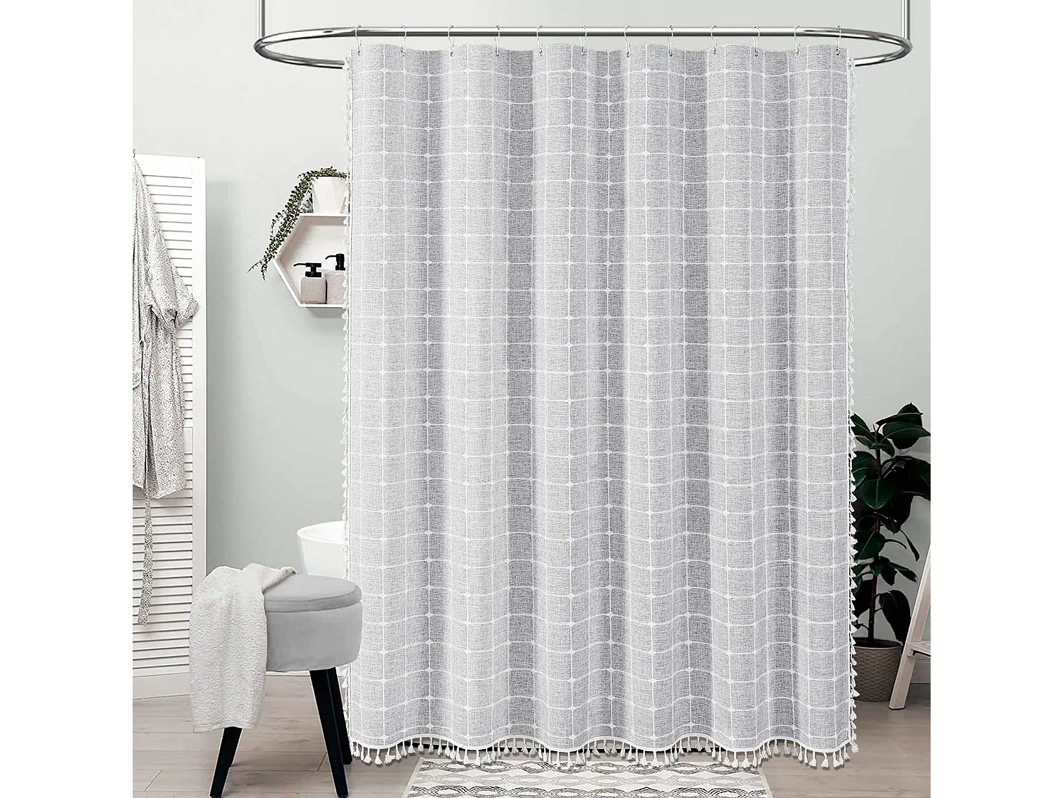 Rideau de douche en tissu de lin à pampilles de style bohème, rideau de douche de salle de bain à domicile, beige (150*180 cm)