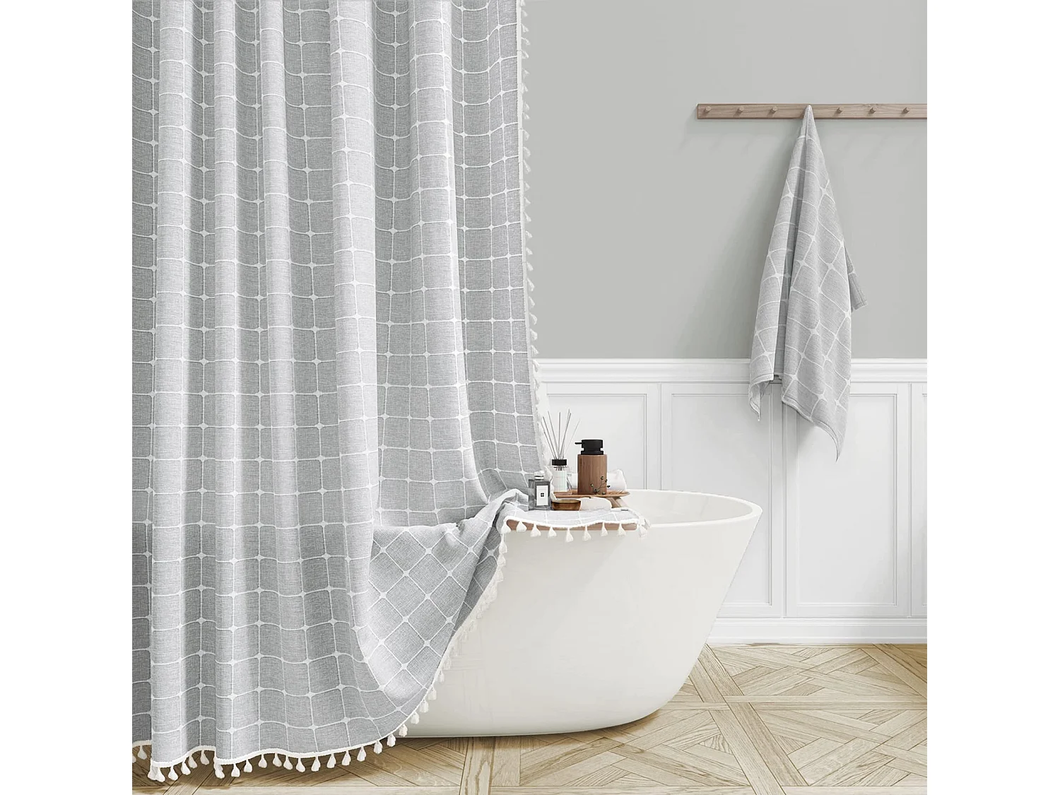 Rideau de douche en tissu de lin à pampilles de style bohème, rideau de douche de salle de bain à domicile, beige (150*180 cm)