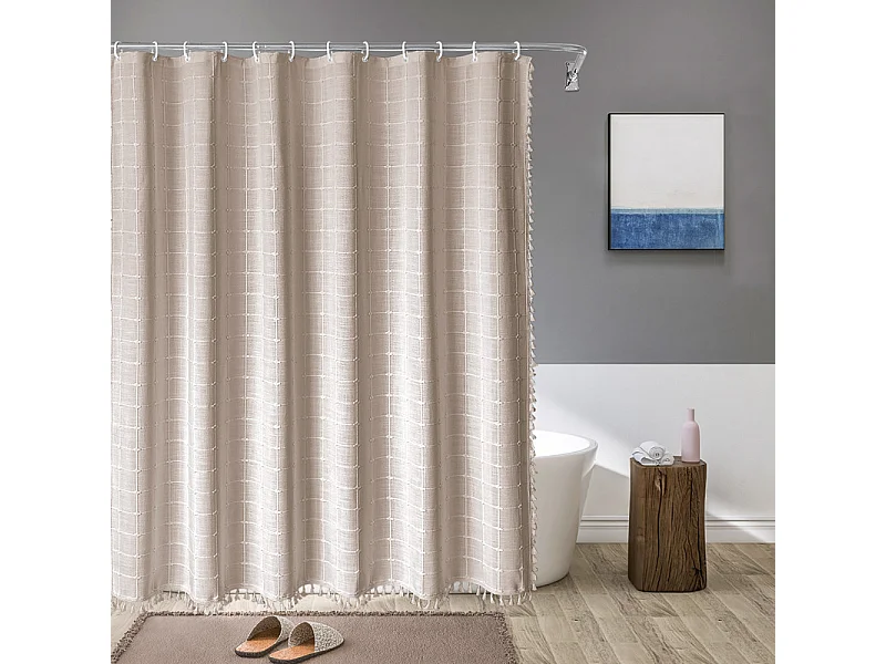Rideau de douche en tissu de lin à pampilles de style bohème, rideau de douche de salle de bain à domicile, beige (150*180 cm)