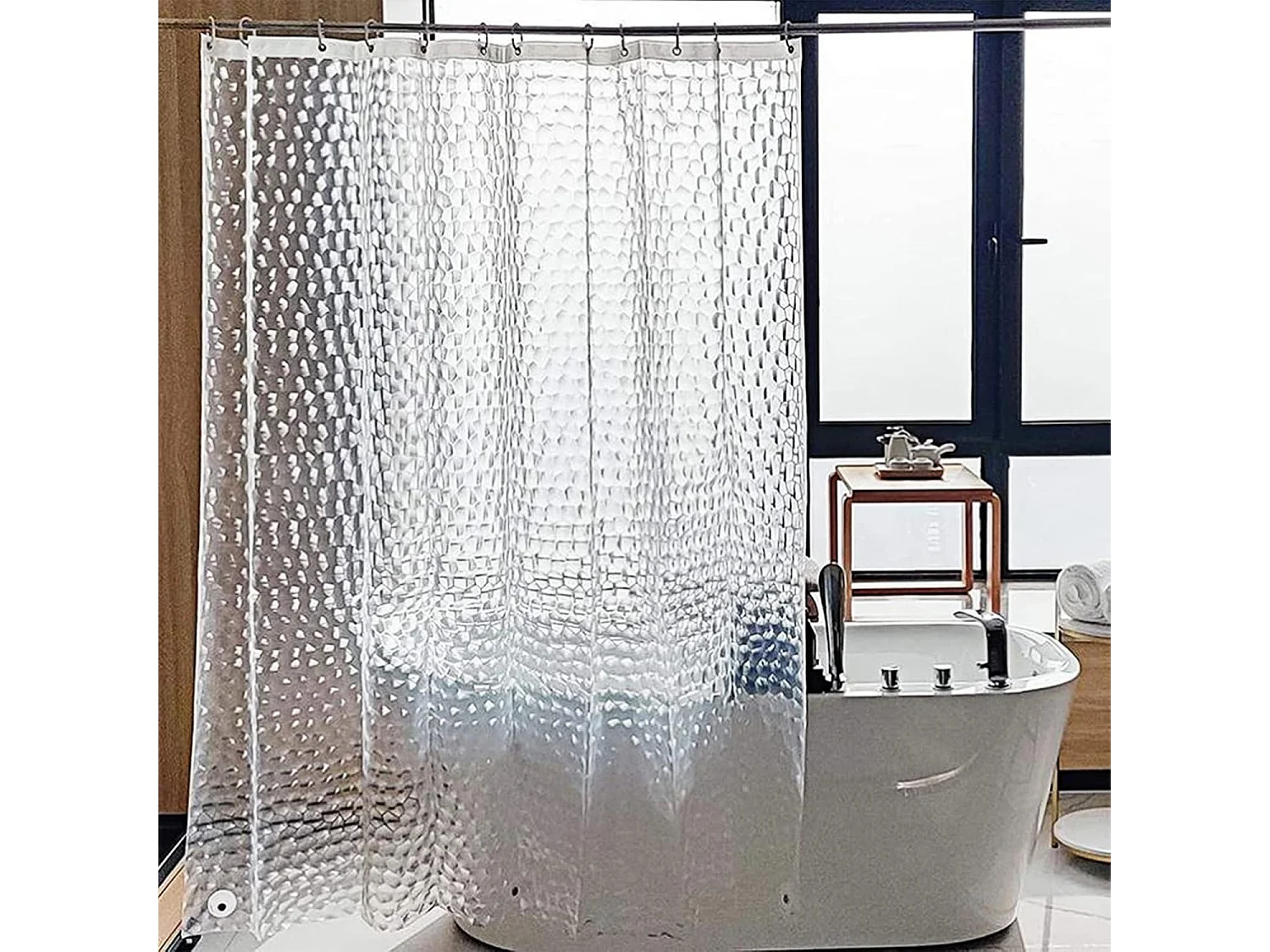 Rideau de Douche Anti Moisissure 180 X 200 cm, 3D Semi Transparent EVA Rideaux de Douche Lavable avec 12 Crochets,  pour Baignoire, Salle de Bain