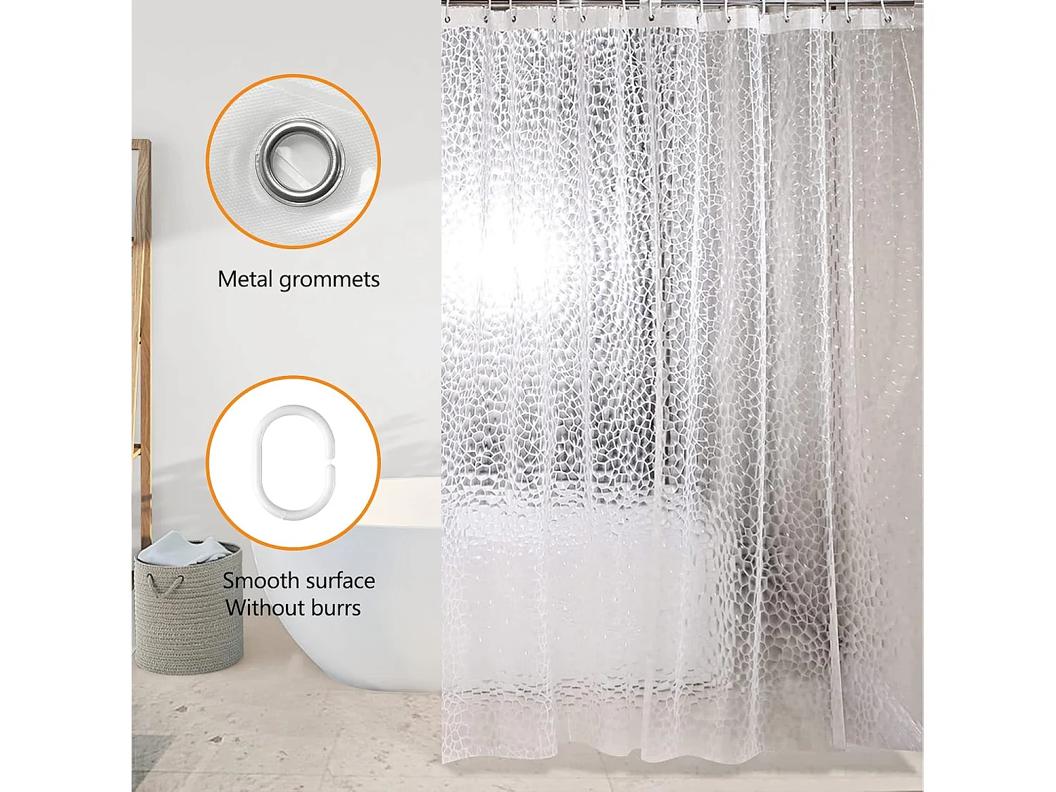 Rideau de Douche Anti Moisissure 180 X 200 cm, 3D Semi Transparent EVA Rideaux de Douche Lavable avec 12 Crochets,  pour Baignoire, Salle de Bain