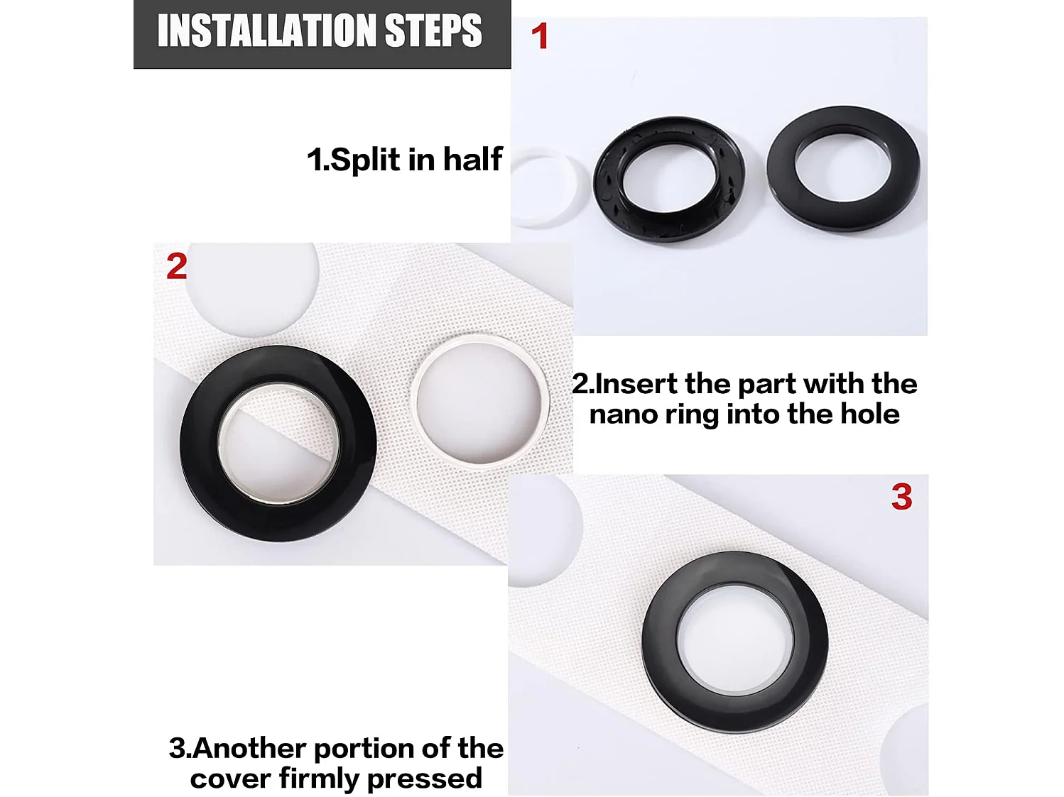 32 Anneaux de Rideau Ronds avec Clips - Diamètre 43 mm, Accessoires pour Rideaux de Fenêtres et de Porte (Noir)