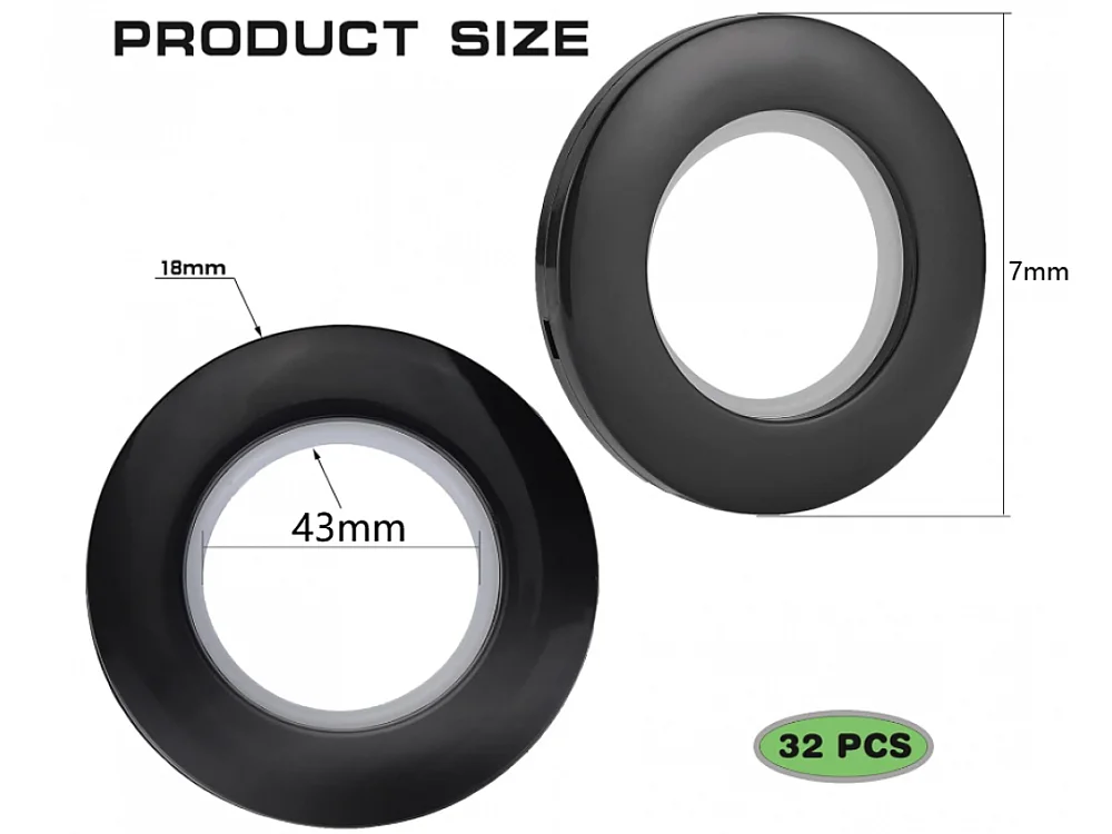 32 Anneaux de Rideau Ronds avec Clips - Diamètre 43 mm, Accessoires pour Rideaux de Fenêtres et de Porte (Noir)