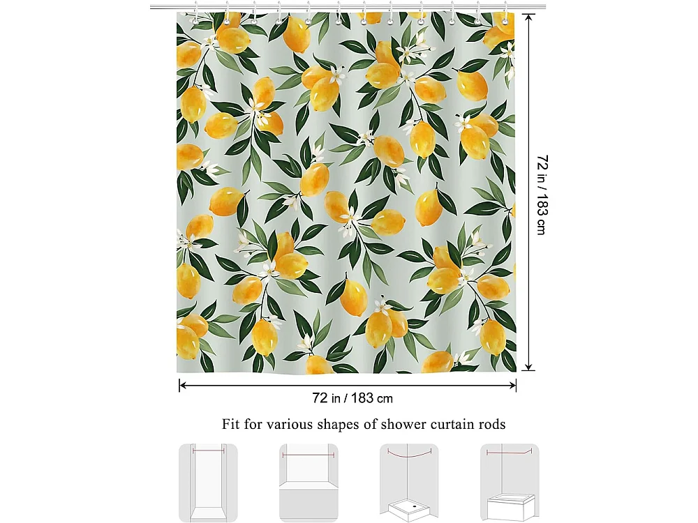 Rideau de douche Feuilles vertes citron Rideaux de douche 180 x 180 cm Rideau de salle de bain avec 12 crochets